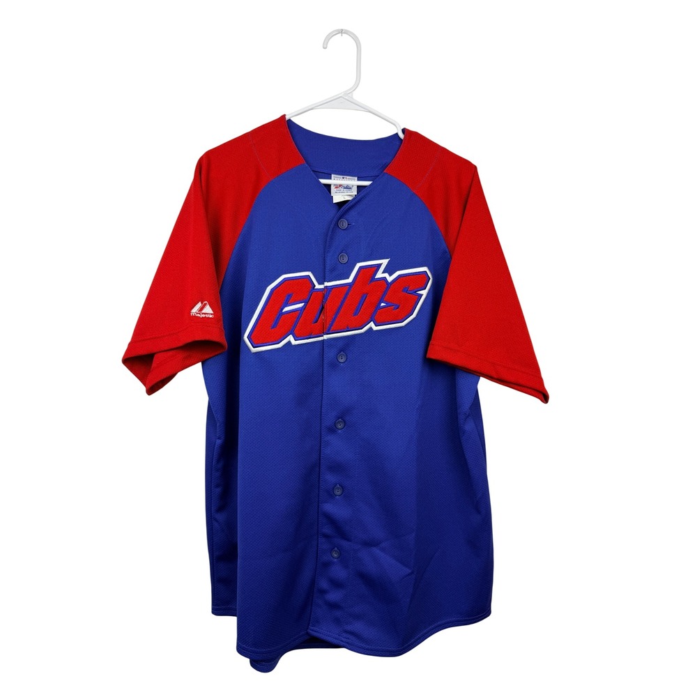 Majestic Chicago Cubs MLB Baseball Jersey Mens Large Blue Red Button Up Shirt